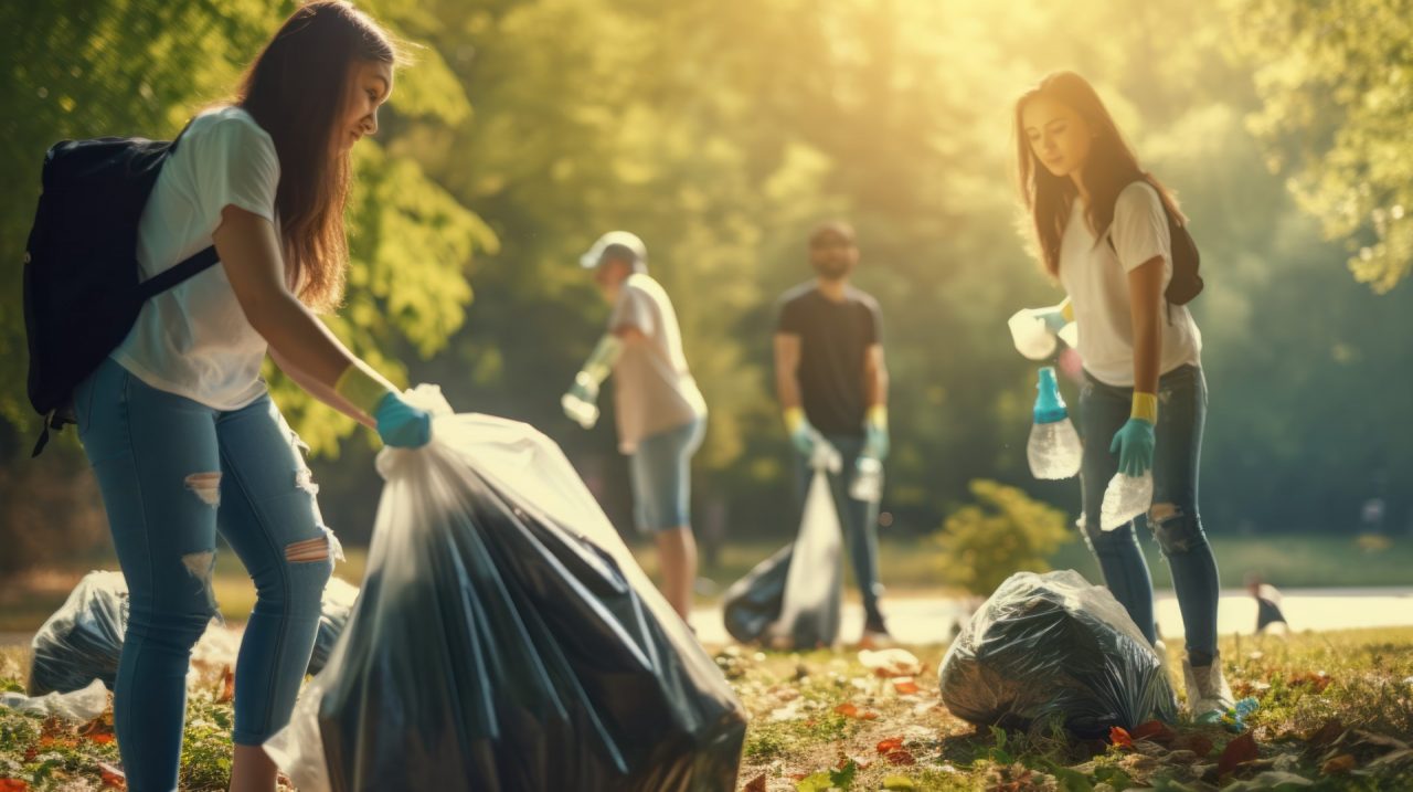 The volunteer group is working together to collect garbage in the public park for a better environment.