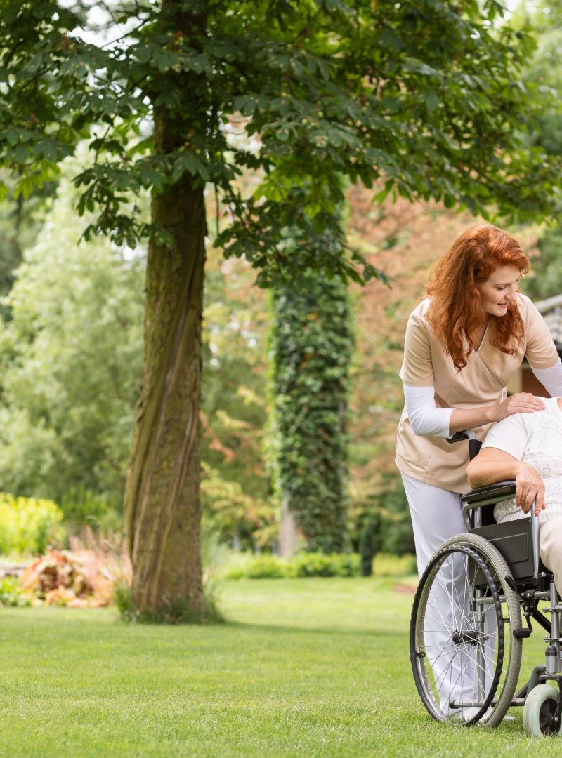 A senior woman in a wheelchair with her private professional caretaker outside in the garden during summer day.