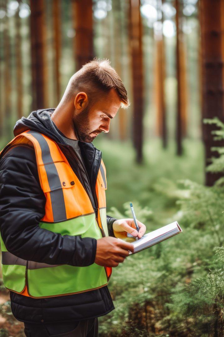 A forest engineer works in a forest. Man measures size of trees felled by the elements, with tape measure. Portrait of a male forest researcher.