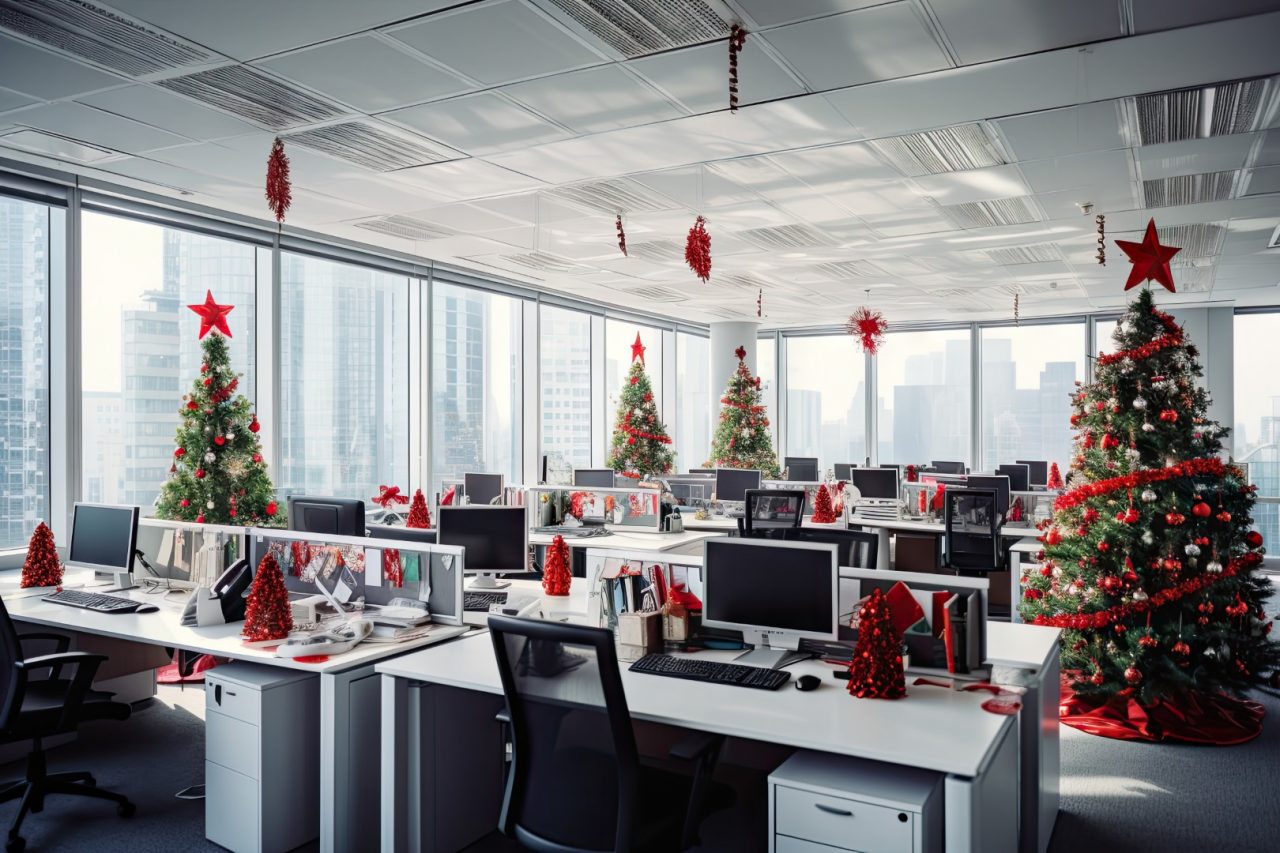 christmas trees in an office with computers