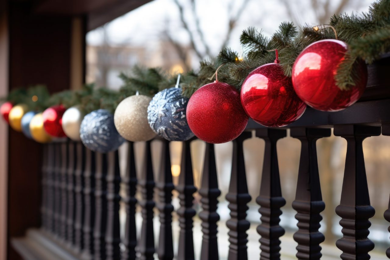 Festive balcony terrace decoration for Christmas and New Year. Close up of Christmas decoration balls and garland of lights wrapped around wooden terrace railing in residential apartment building