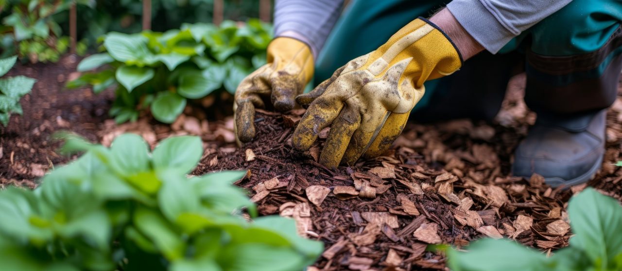 Man wearing gardening gloves spreading mulch chips around hosta plants in garden, controlling weeds during yard landscaping, creating decorative borders in the soil in fall and spring.