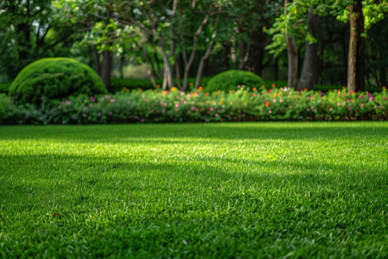 Beautiful manicured lawn and flowerbed with deciduous shrubs on plot or Park outdoor. Green lawn closely mowed as grass background.