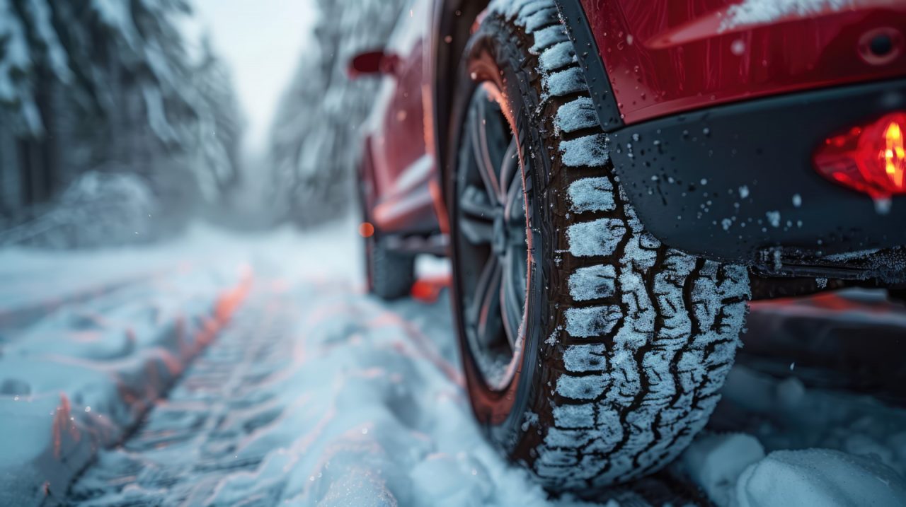 ground level view of a car wheel with snow tire in winter