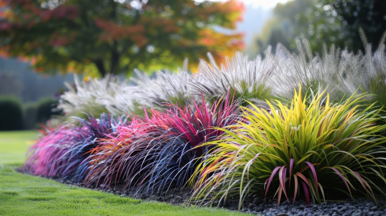 Bright and colorful grass plants, perfect for enhancing garden landscaping with vibrant hues and varied textures.